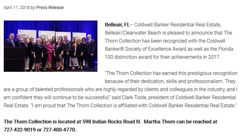 The Thorn Collection Receives Coldwell Banker Society of Excellence Award