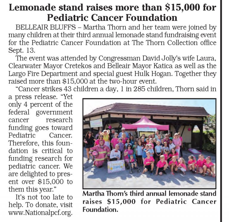 Lemonade Stand Raises Over $15,000 for the Pediatric Cancer Foundation